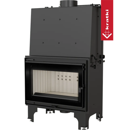 Kratki Aquario O 16 kW houtkachel met glazen deur en zwart metalen behuizing.