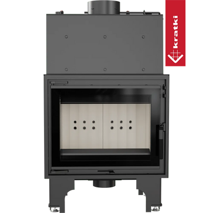 Kratki Aquario M 8 kW houtkachel met glazen deur en zwart metalen frame.