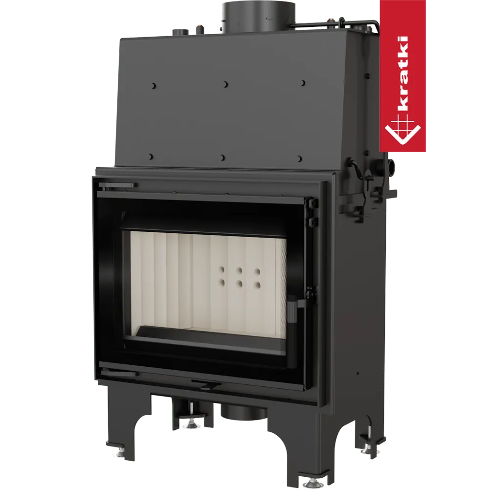 Kratki Aquario M 8 kW houtkachel met glazen deur en zwart metalen frame.
