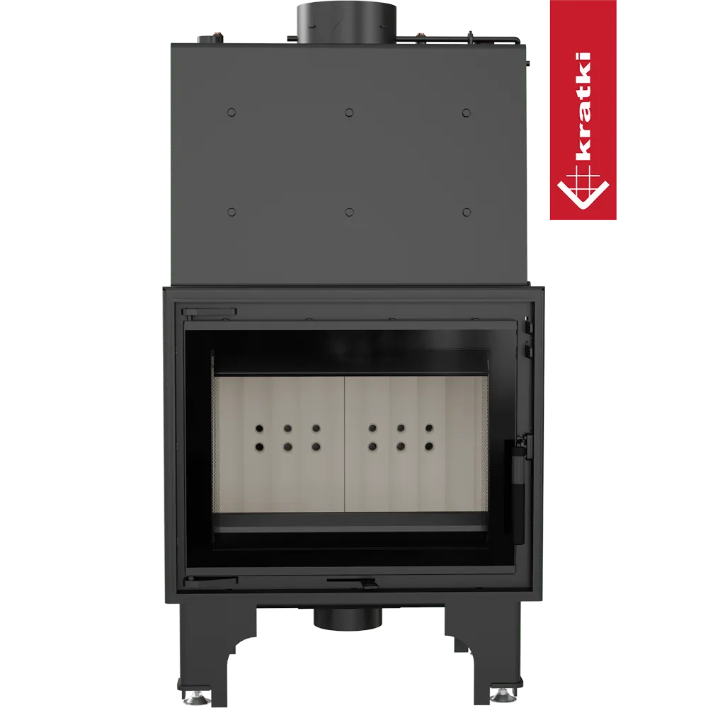 Kratki Aquario M 12 kW houtkachel met glazen deur en zwart metalen behuizing.