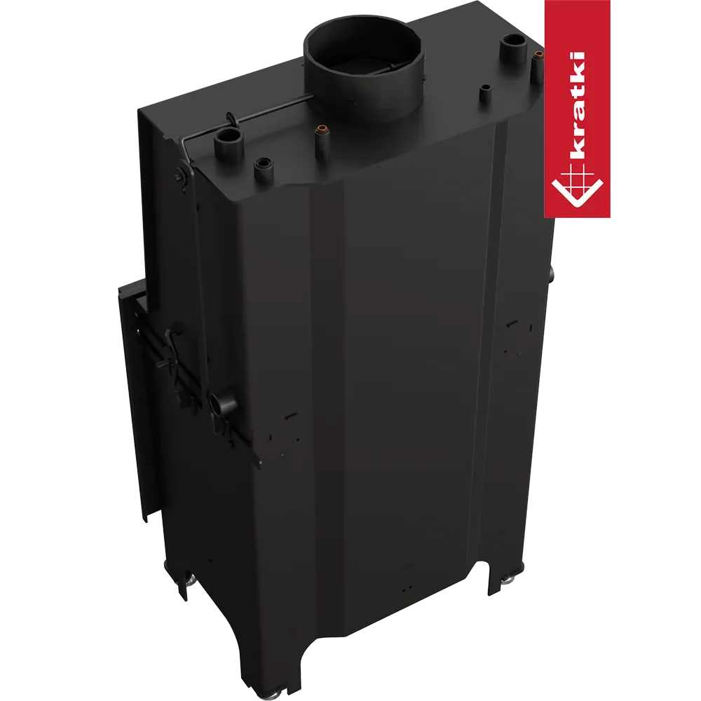 Kratki Aquario M 12 kW, zwarte metalen kachel met bovenste rookafvoer en aansluitingen.