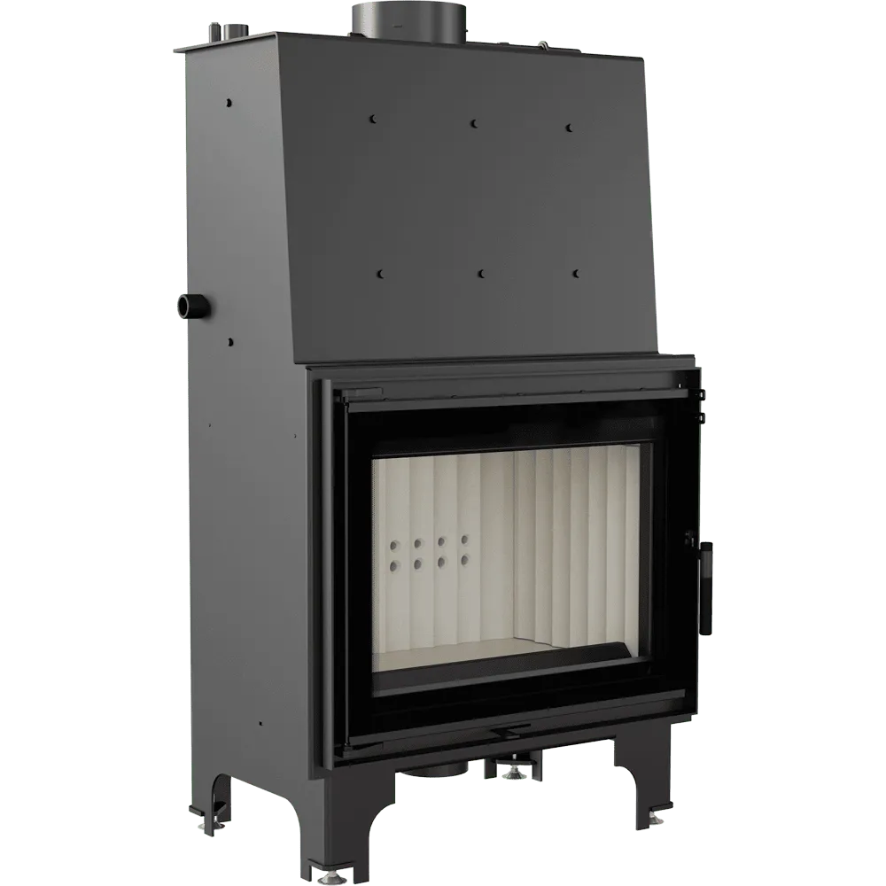 Kratki Aquario A 18 kW houtkachel met glazen deur en zwart metalen behuizing.