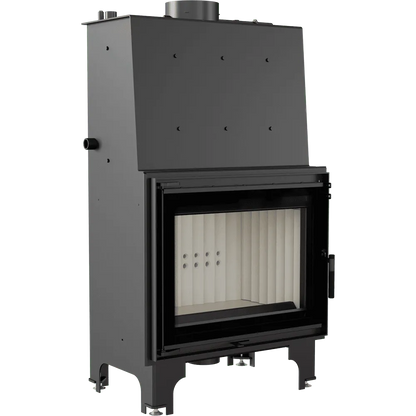 Kratki Aquario A 18 kW houtkachel met glazen deur en zwart metalen behuizing.