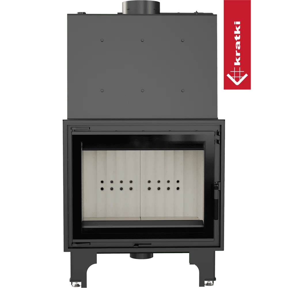 Kratki Aquario A 18 kW houtkachel met glazen deur en zwart metalen frame.