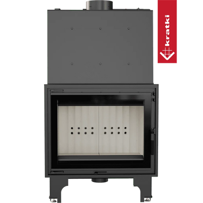 Kratki Aquario A 18 kW houtkachel met glazen deur en zwart metalen frame.