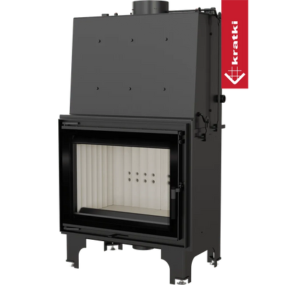 Kratki Aquario A 18 kW houtkachel met glazen deur en zwart metalen behuizing.