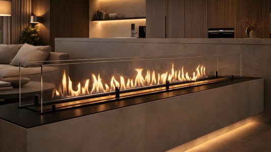 Balstil FF 1500 met lange vlammen en glazen windscherm in een moderne woonkamer