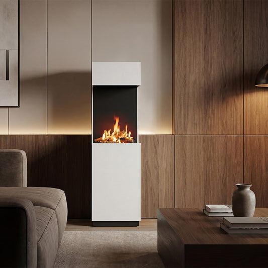 Kratki Sierra haard in moderne woonkamer met vlammen