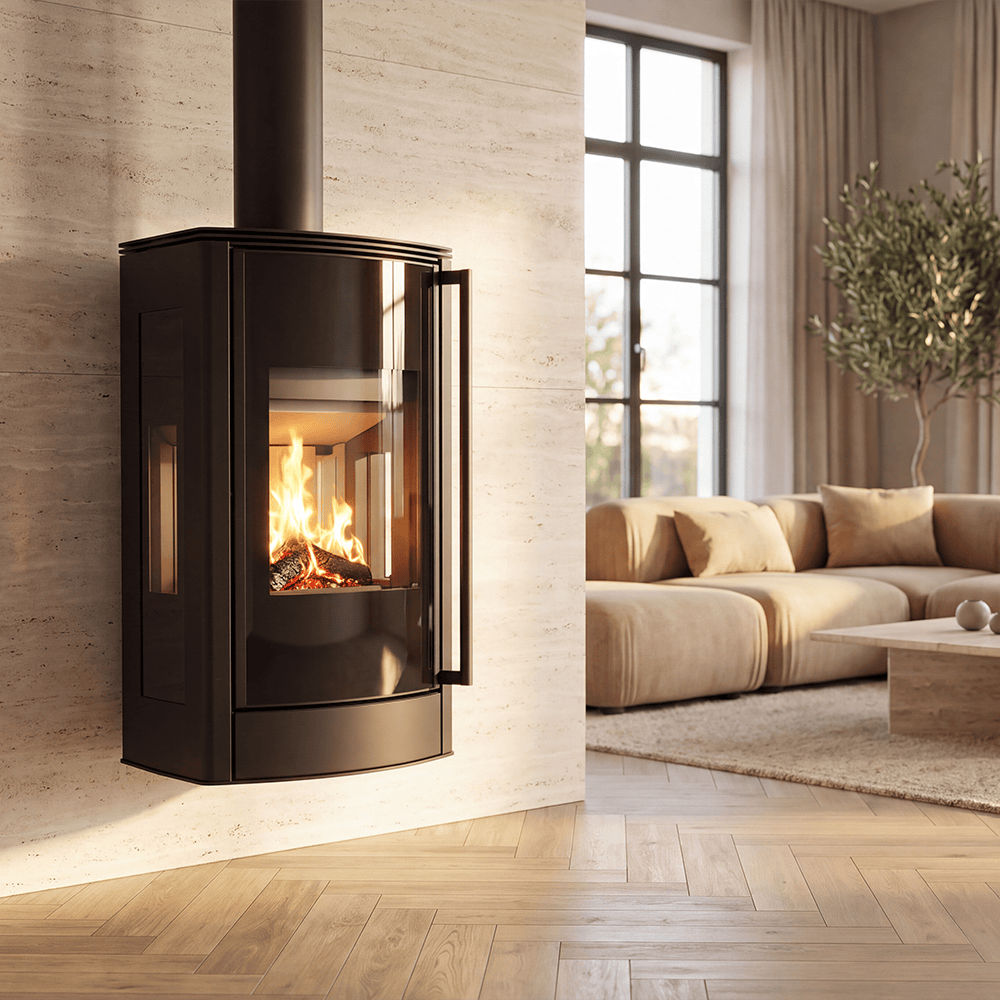 Kratki AB Enyo R houtkachel met brandend vuur in een moderne woonkamer