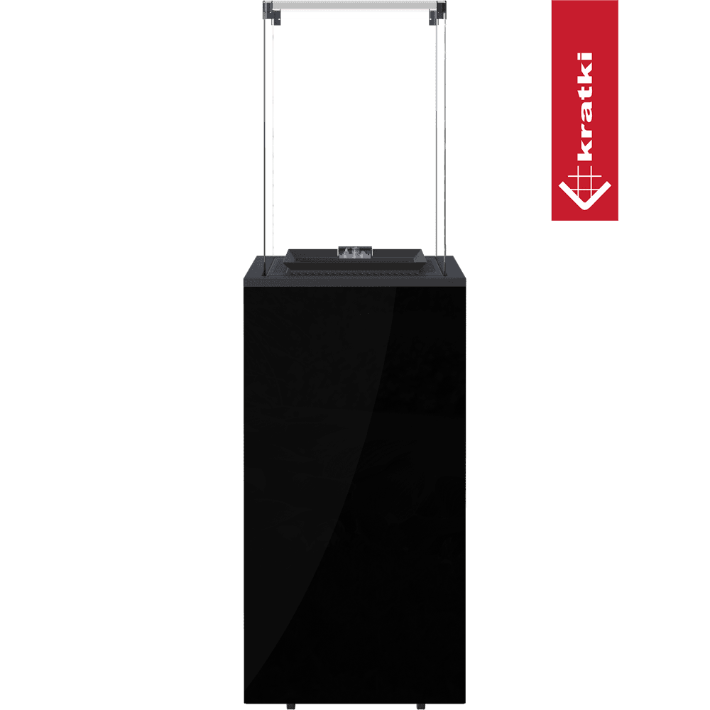 Kratki Patio Mini, zwarte hangende haard met glazen panelen op transparante achtergrond