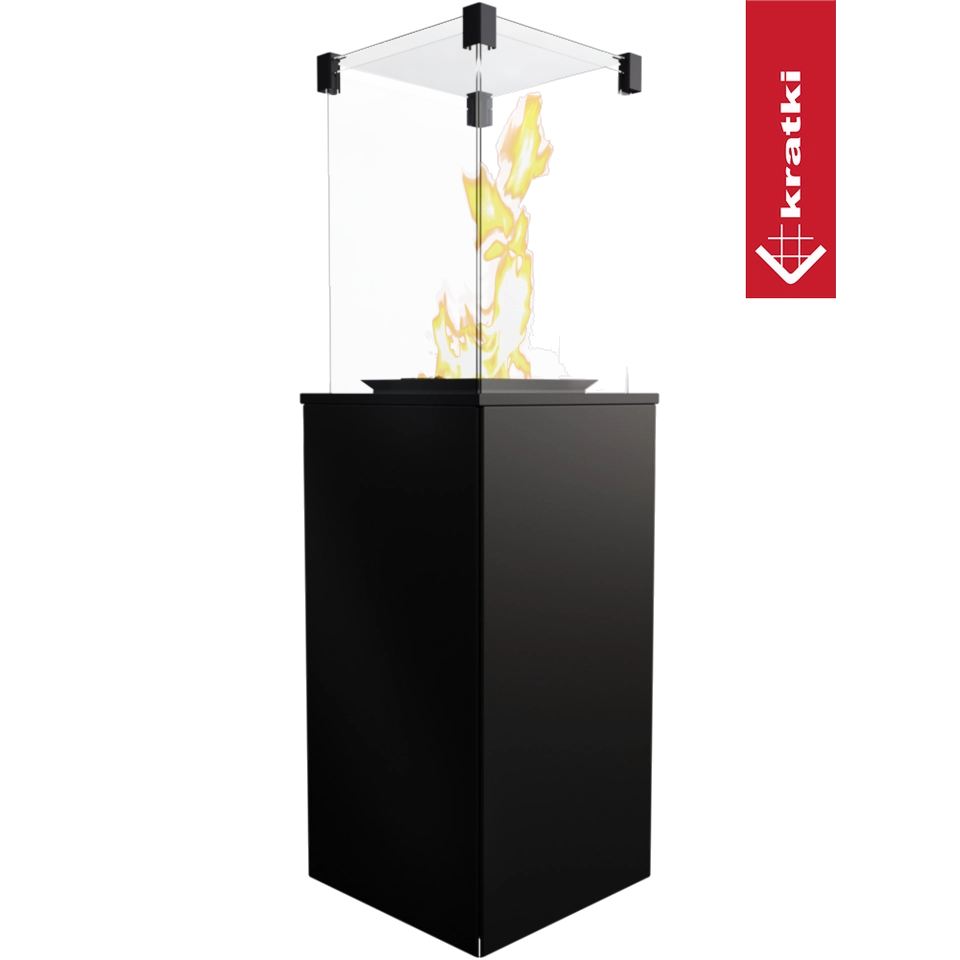 Kratki Patio Mini zwarte vuurtafel met glazen ombouw en zichtbare vlammen