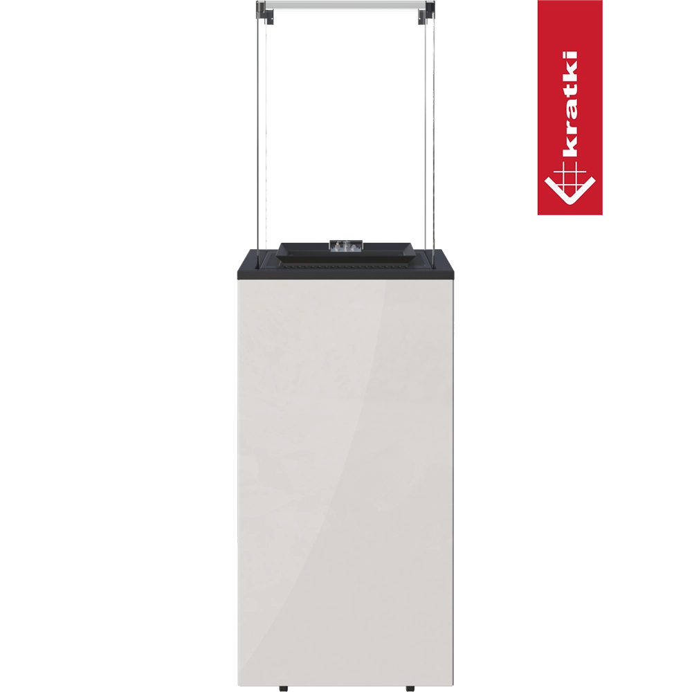 Kratki Patio Mini hangende haard met glazen scherm en witte behuizing