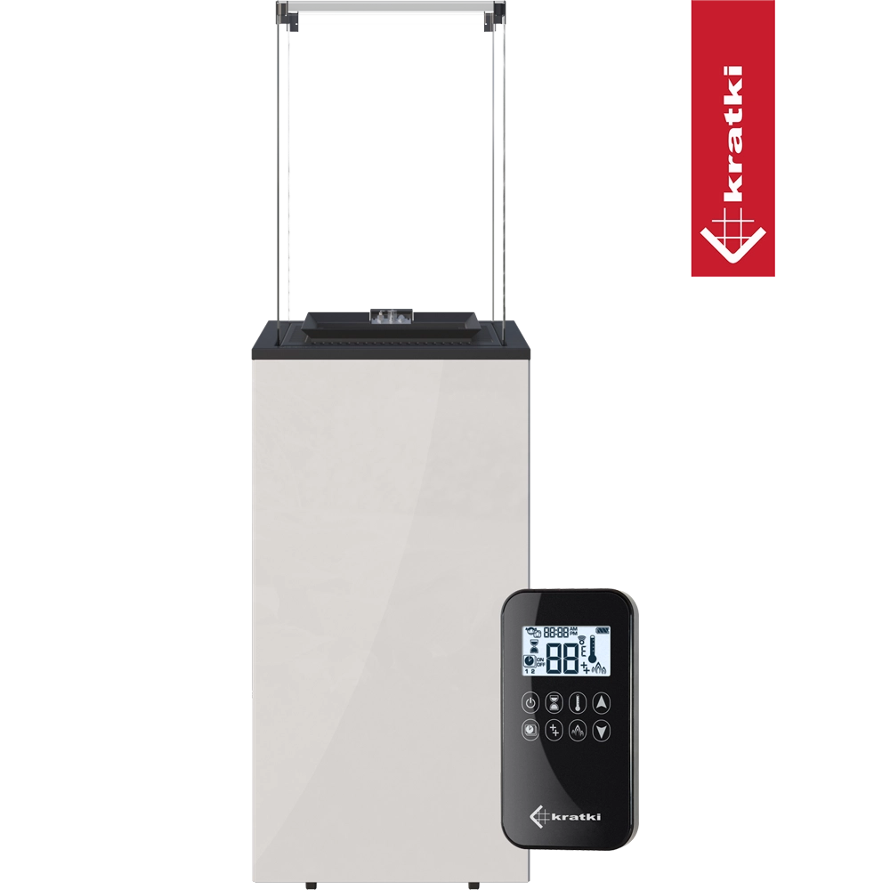 Kratki Patio Mini haard met glazen scherm en afstandsbediening op transparante achtergrond