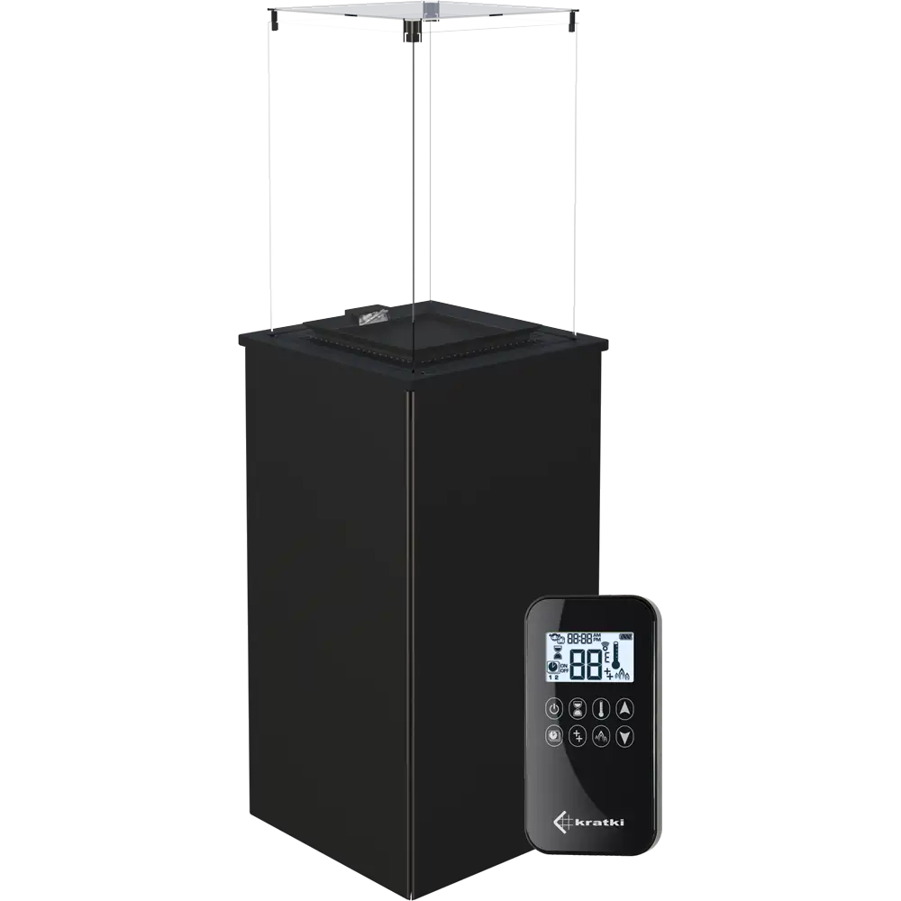 Kratki Patio Mini zwarte terrasverwarmer met glazen ombouw en afstandsbediening
