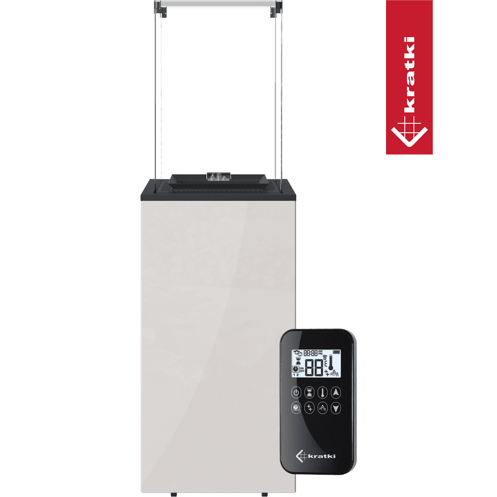 Kratki Patio Mini haard met glazen scherm en afstandsbediening op transparante achtergrond