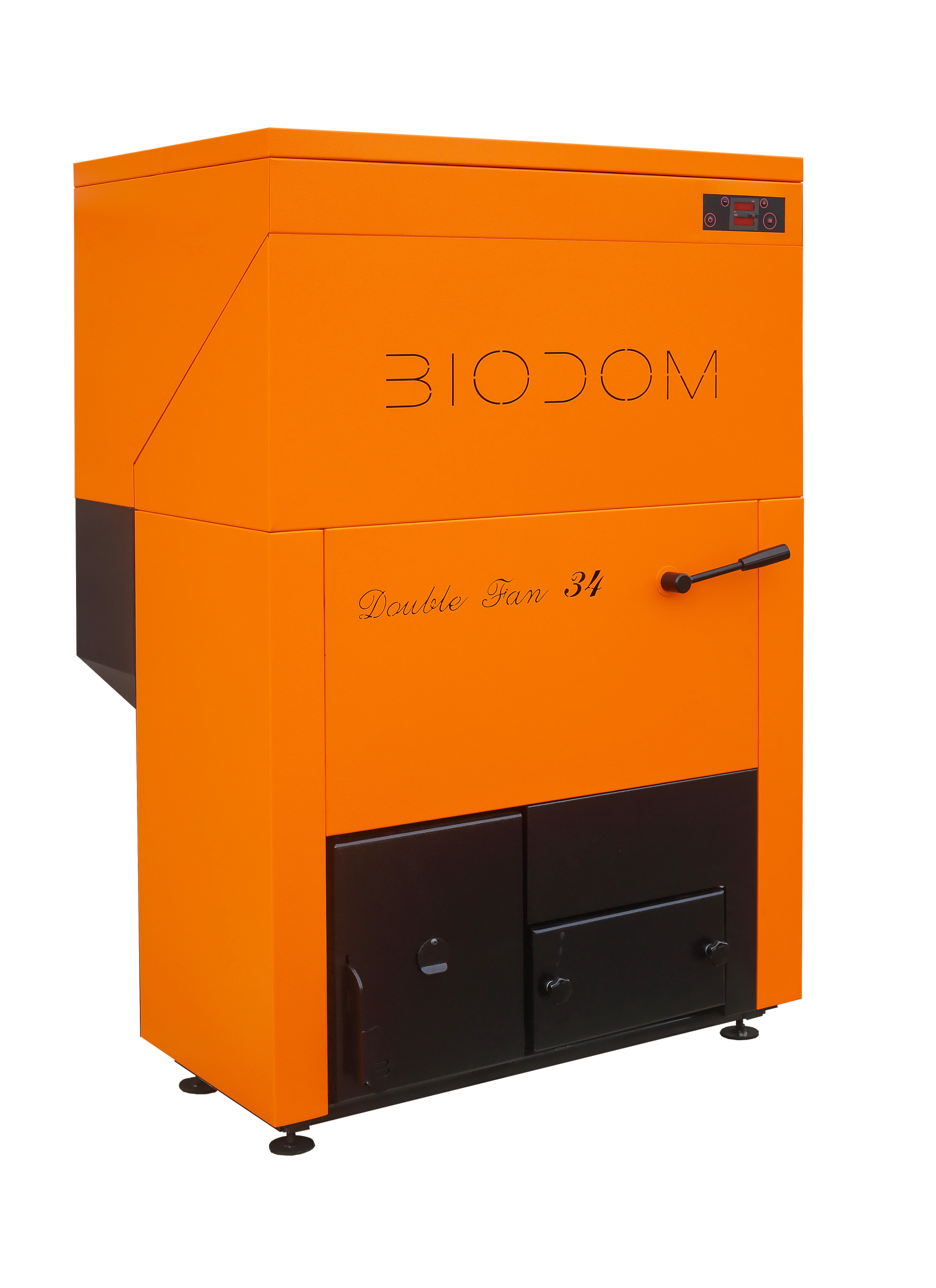 Oranje Biodom 27-C5 pelletkachel met zwarte deuren