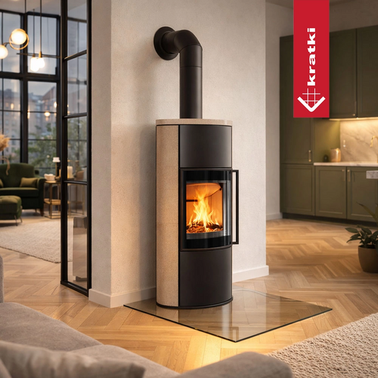Kratki Bjorn houtkachel in moderne woonkamer, met zichtbare vlammen