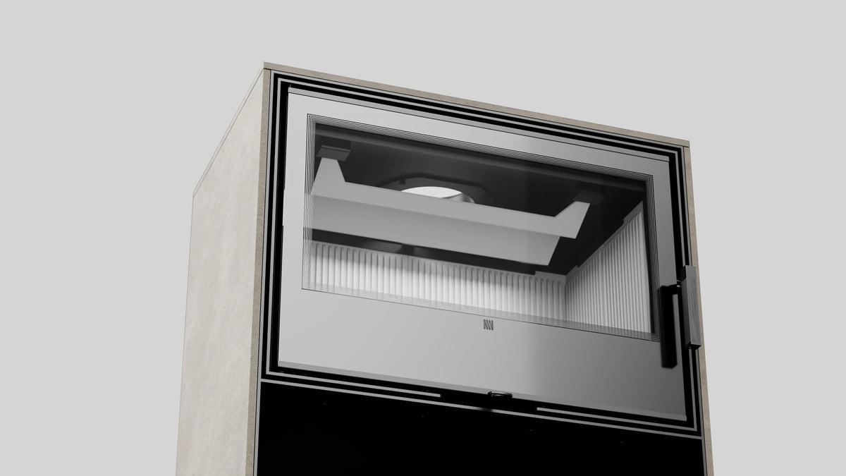 Detailweergave van de Balstil Forli 95 inbouwhaard met zicht op de vuurkamer