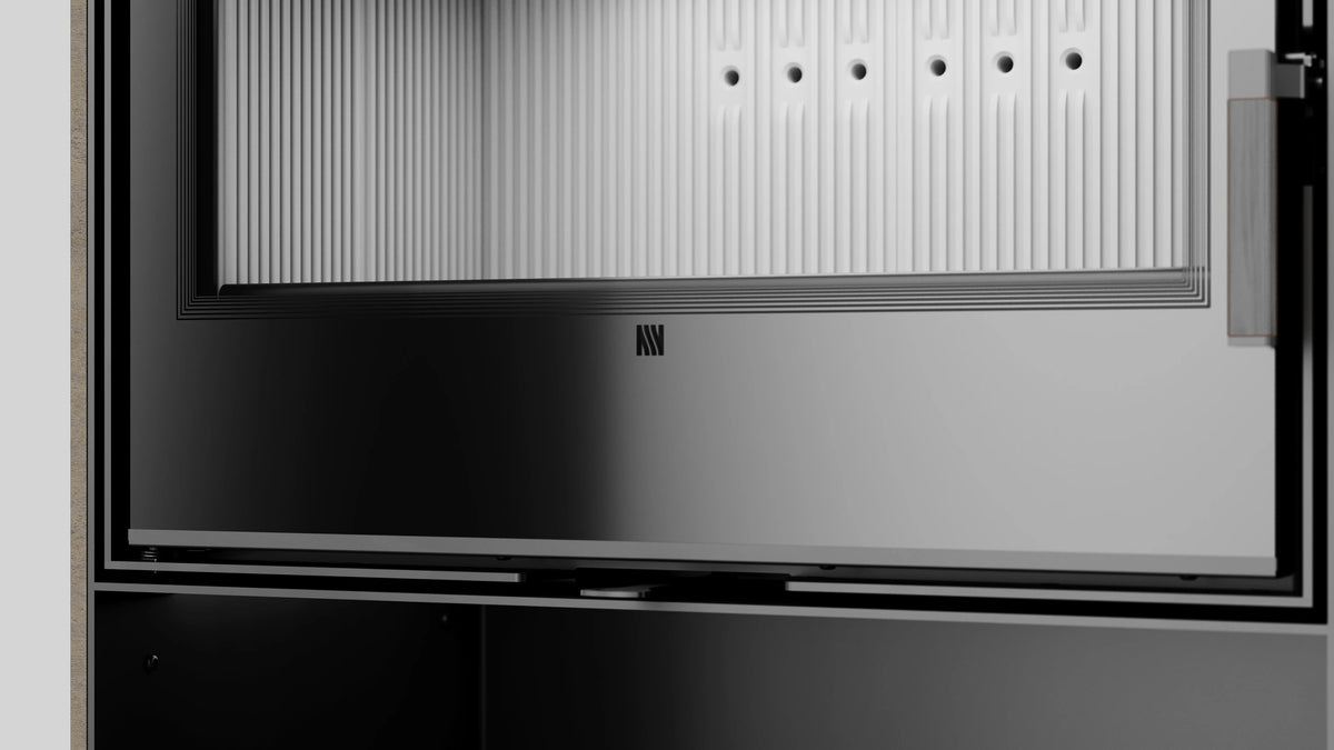 Detailopname van de Balstil Forli 95 met omlijste glazen deur en geribde binnenbekleding