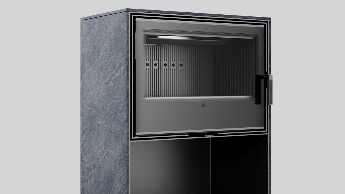 Balstil Forli 95 inbouwhaard met zwart metalen front en donkere stenen bekleding