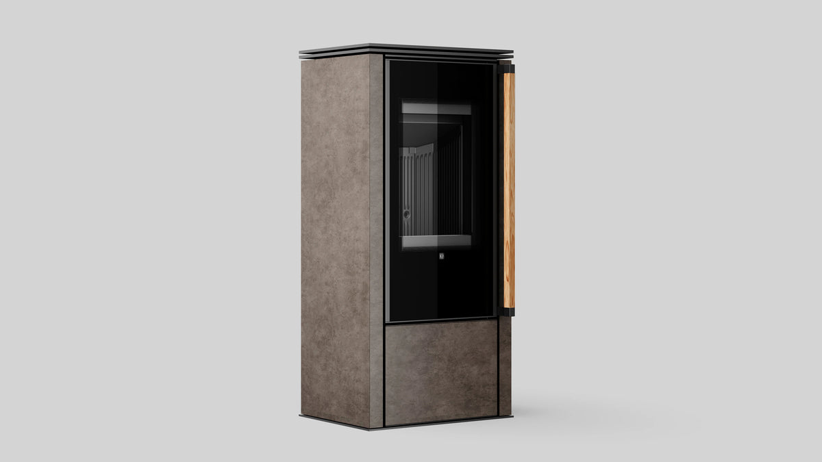 Balstil Akna vrijstaande kachel met zwarte haarddeur, betonlook panelen en houten handgreep