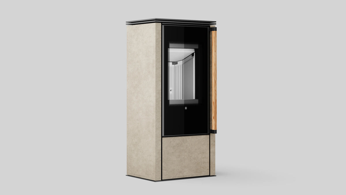 Balstil Akna kachel met zwarte glazen deur, beige bekleding en houten handgreep op grijze achtergrond