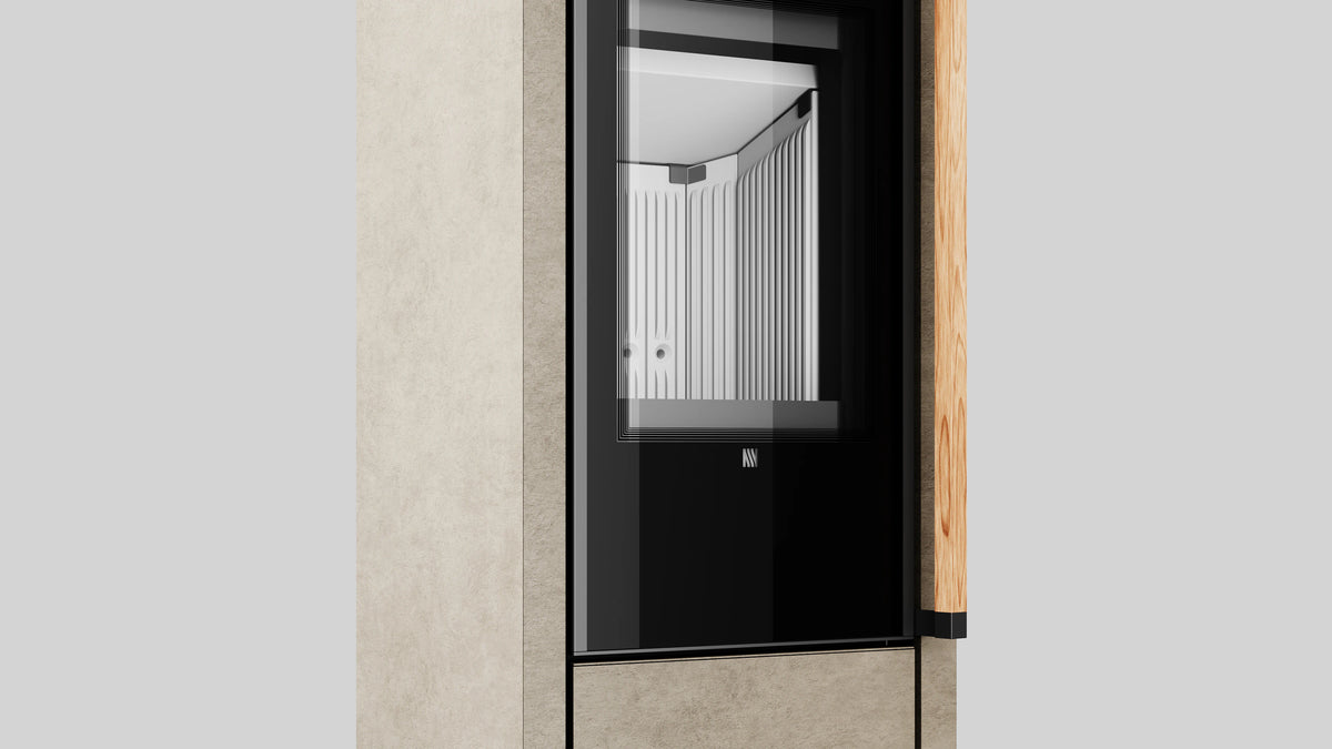 Balstil Akna zwarte inbouwhaard met glazen deur en licht interieur