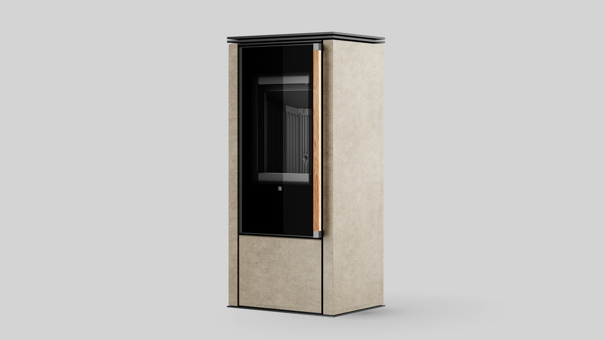 Balstil Akna gesloten haard met beige bekleding en houten accent op grijze achtergrond