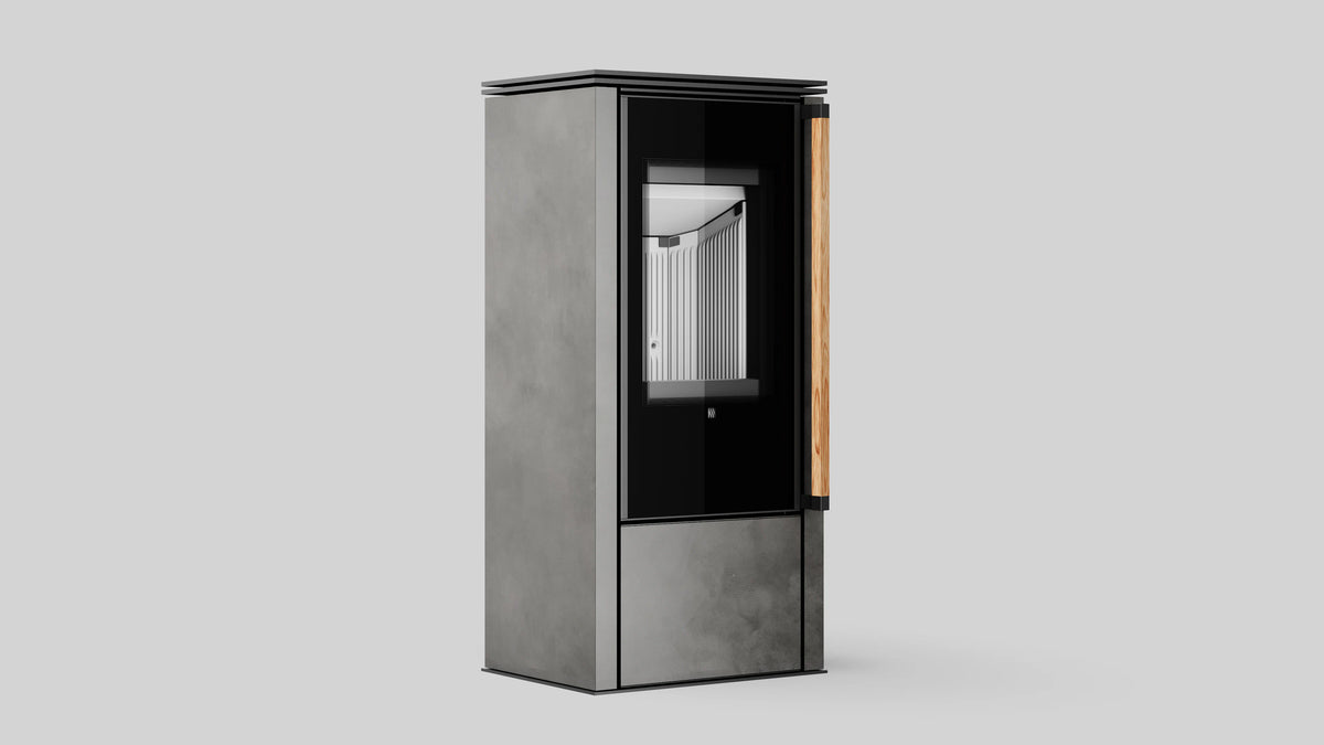 Balstil Akna vrijstaande kachel met zwarte voorkant, grijze bekleding en houten handgreep
