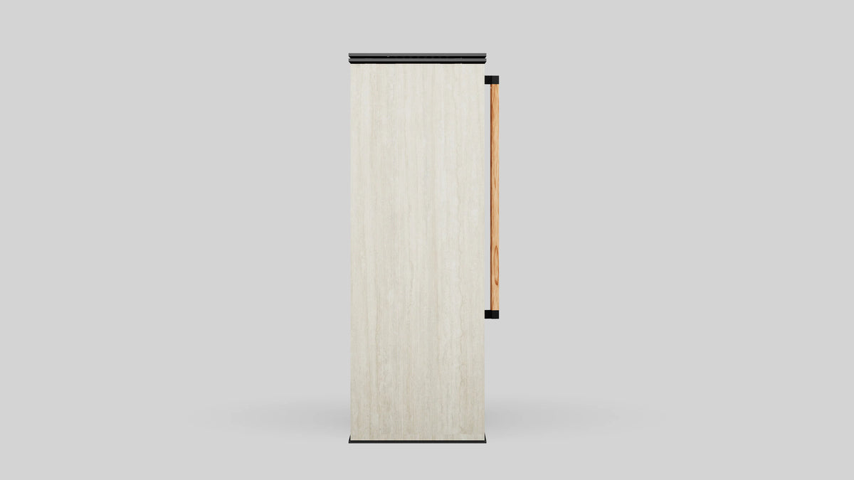 Balstil Akna kachel van de zijkant, met lichte bekleding en houten handgreep op grijze achtergrond