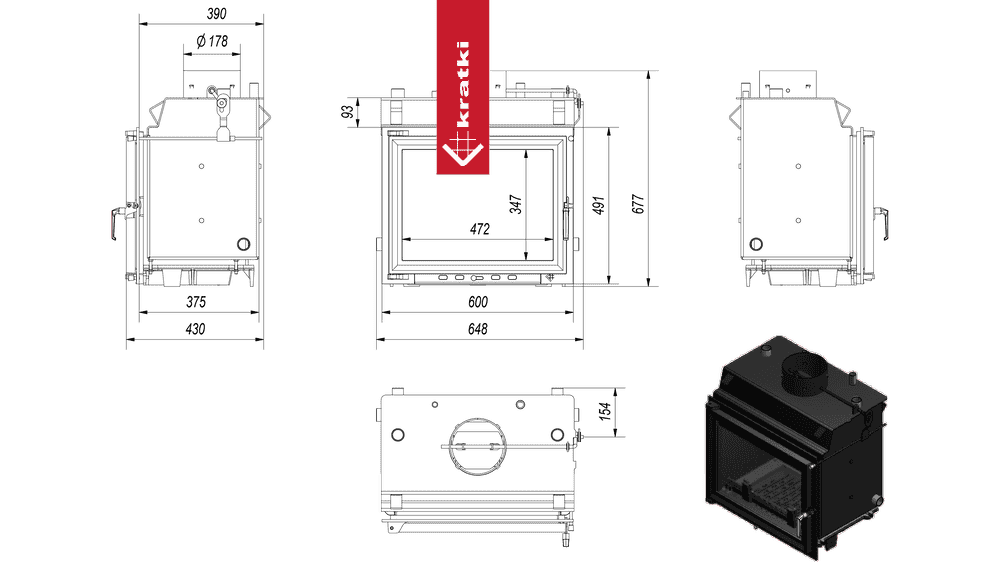 Technische tekening en afbeelding van de Kratki Maja CV houtkachel.