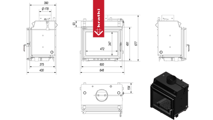 Technische tekening en afbeelding van de Kratki Maja CV houtkachel.