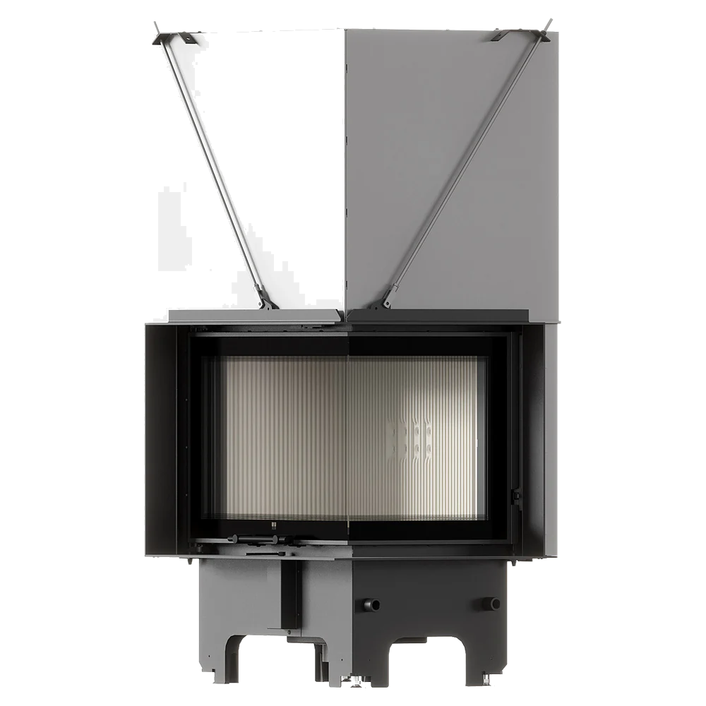 Balstil Milano 700/480 haardinzet op witte achtergrond met opengeklapte metalen panelen