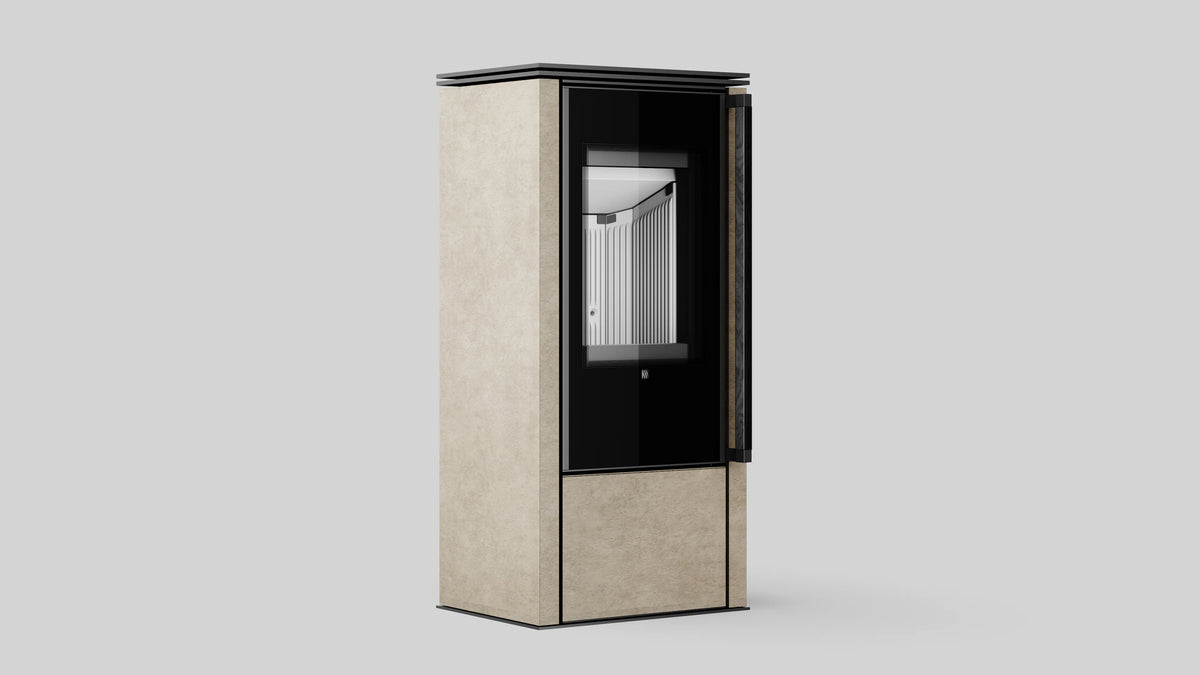 Balstil Akna kachel met beige bekleding en zwart front op grijze achtergrond