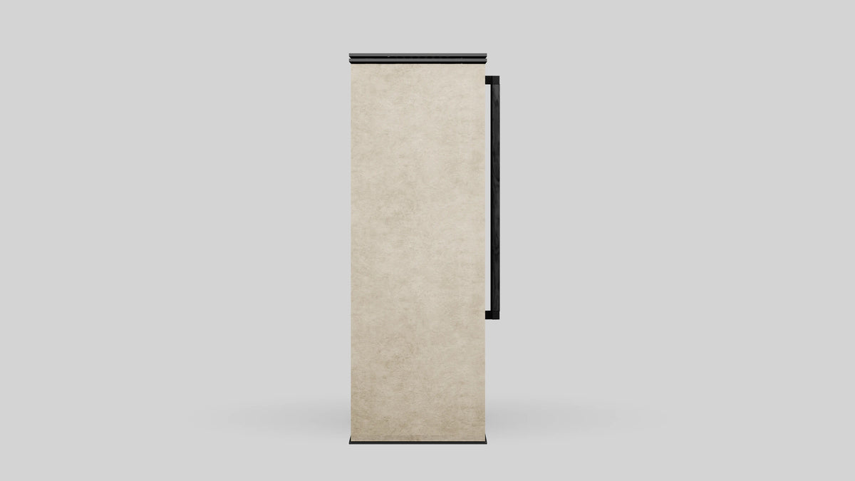 Balstil Akna vrijstaande kachel met beige bekleding en zwarte glazen deur