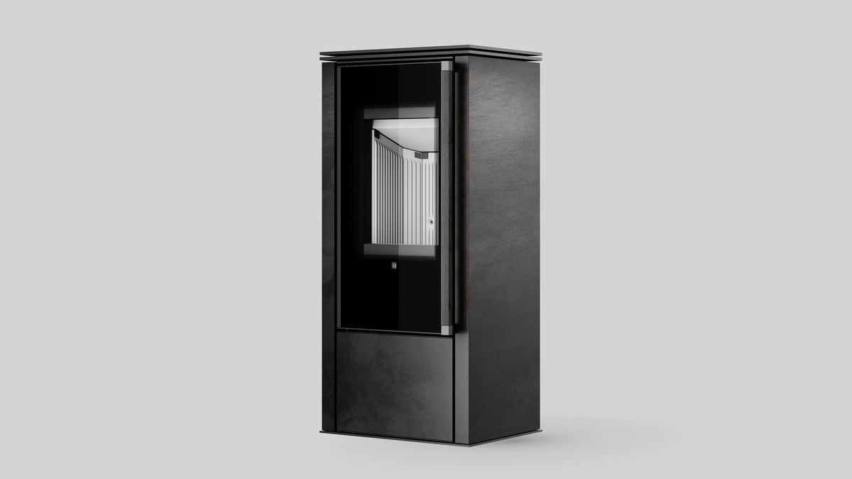 Balstil Akna houtkachel in zwart design op een grijze achtergrond
