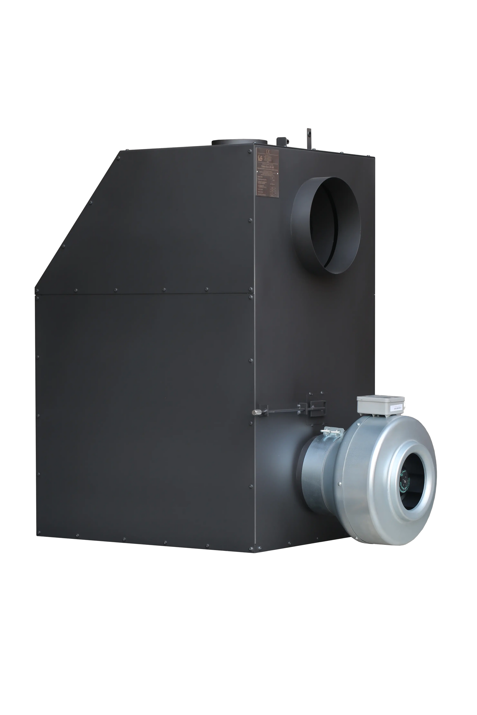 LS Kamna Turbo zwarte kachel met zilveren ventilator, geïsoleerd op witte achtergrond