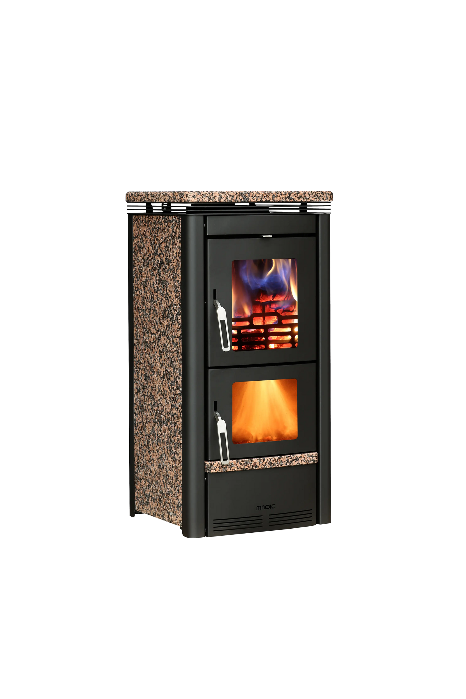 LS Kamna Pyro Magic kachel met twee vuurvensters en granietlook bekleding