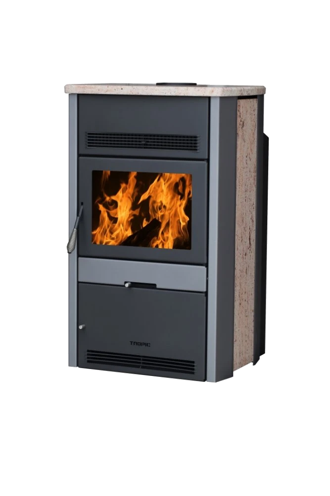 LS Kamna Tropic houtkachel met brandend vuur, grijze front en steenbekleding