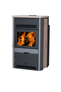 LS Kamna Tropic houtkachel met brandend vuur, grijze front en steenbekleding