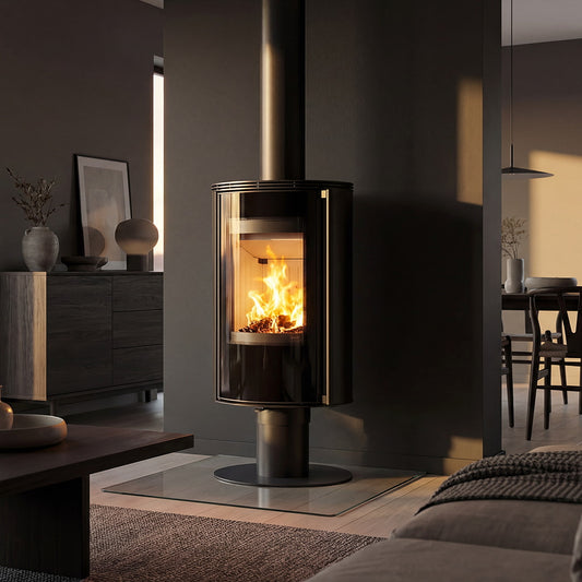 Kratki Erik Draaibaar vrijstaande houtkachel met brandend vuur in een modern interieur
