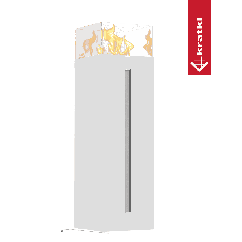 Kratki Romeo witte haard met hoge vlammen en rood Kratki-logo