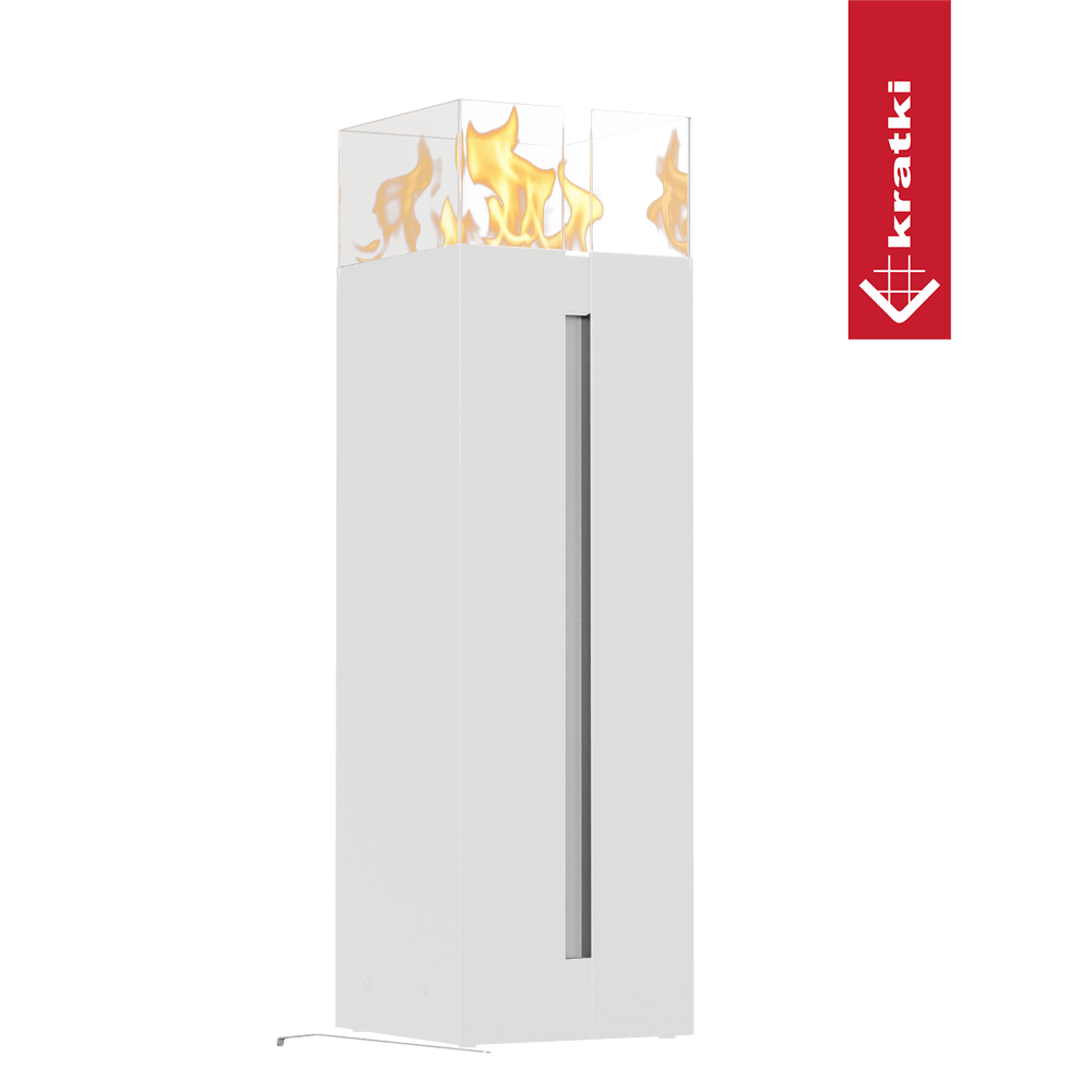 Kratki Romeo witte haard met hoge vlammen en rood Kratki-logo