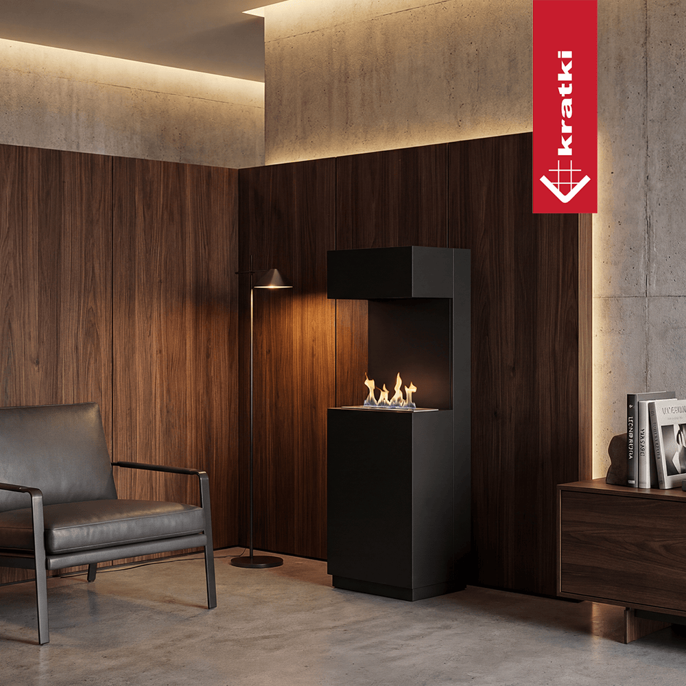 Kratki Sierra sfeerhaard in moderne woonkamer, zwart vrijstaand model met vlammen