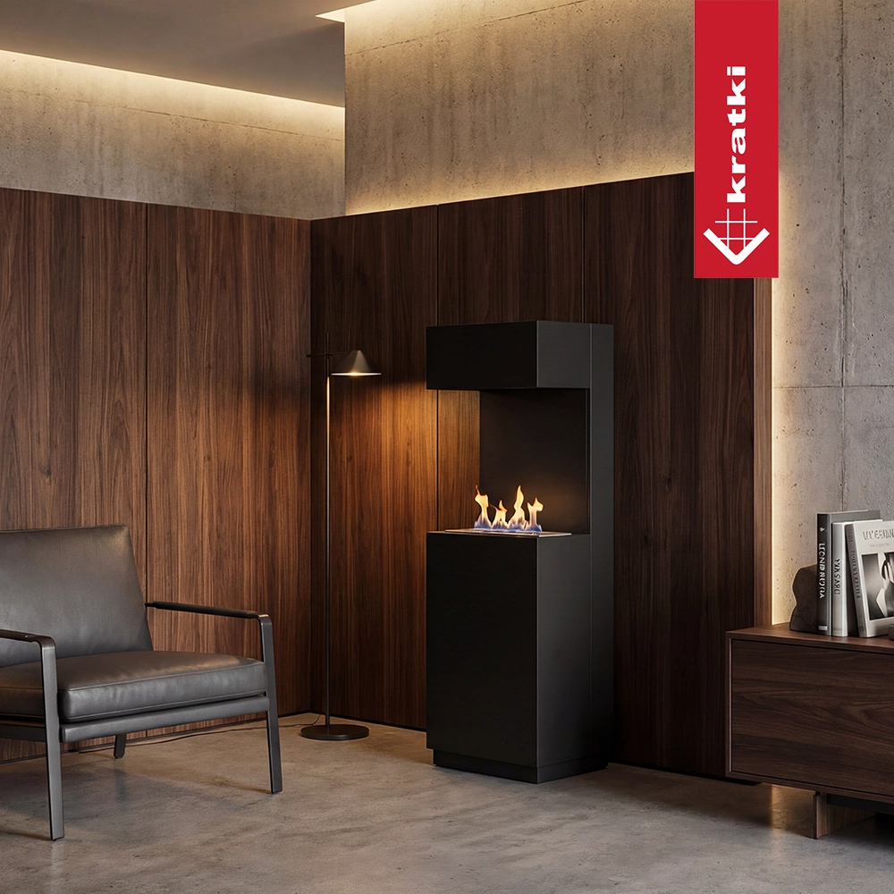 Kratki Sierra designhaard in moderne woonkamer met vlammen