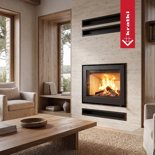 Kratki Kaseta Laholm in moderne woonkamer met ingebouwde haard en vlammen
