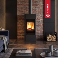 Kratki Hati Aqua CV kachel in woonkamer met brandend vuur en bakstenen wand