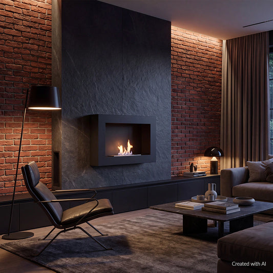 Kratki Delta haard met vlammen in een modern interieur met bakstenen wand