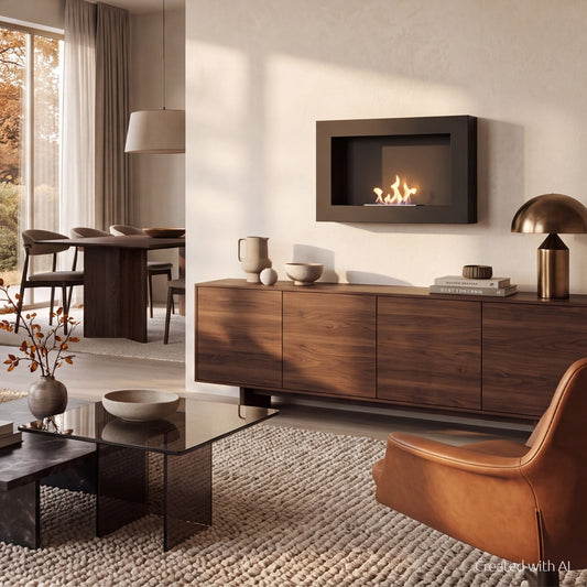Kratki Golf wandhaard met vlammen in een stijlvol interieur boven een houten dressoir.