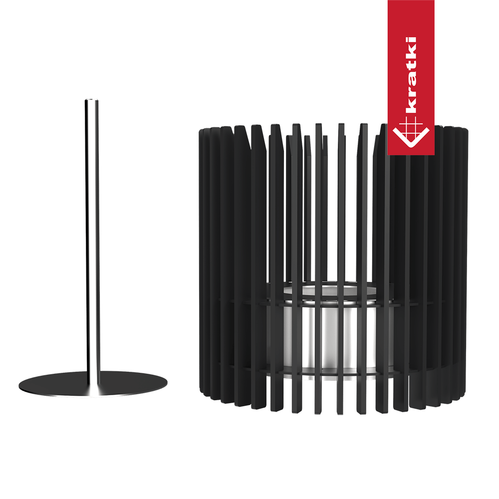 Kratki Ribo buitenhaard met zwarte verticale spijlen en metalen standaard